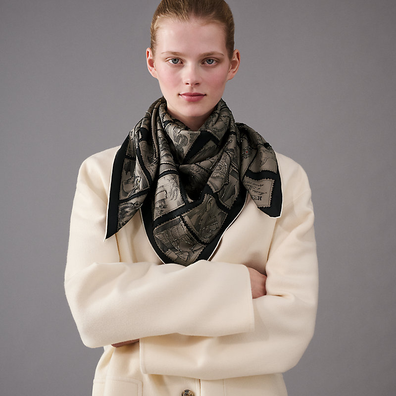 Le Philateliste du Faubourg embroidered scarf 90 - Blue | Hermès